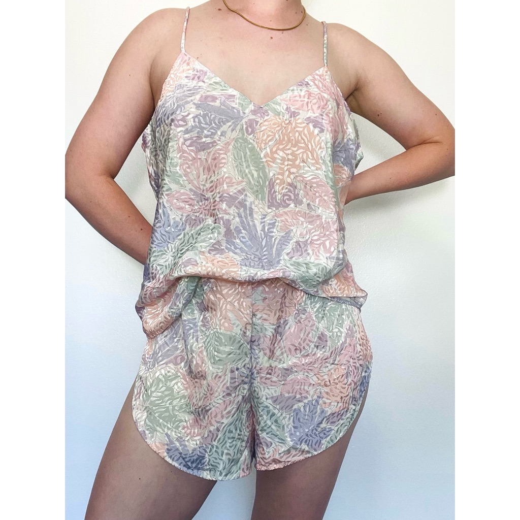 Lorraine | Vintage 80s Pastel Leaves Silky Pajama Set